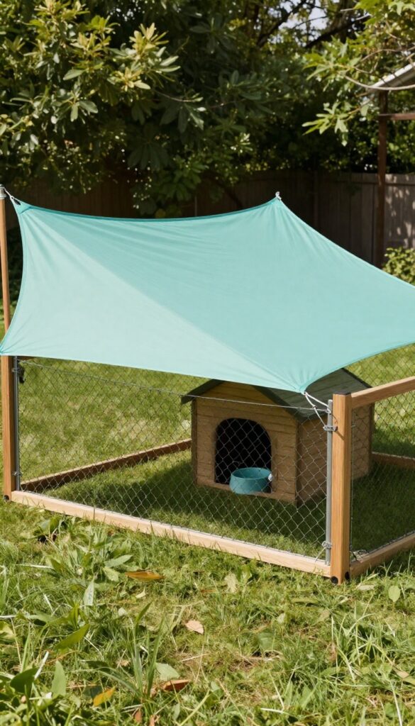 Chain link dog kennel with a teal shade sail installed overhead, providing shade and a stylish look in a sunny backyard