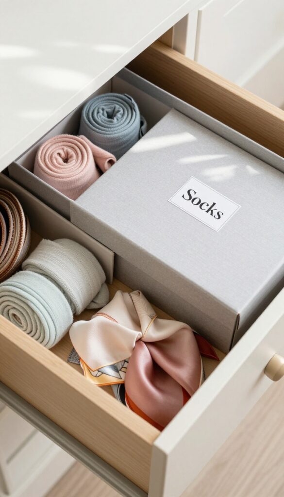 A dresser drawer organized with repurposed shoe boxes as dividers, holding socks, belts, and scarves.
