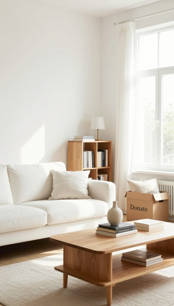 A living room with a 'one in, one out' decluttering scene: a new vase on the coffee table and a donation box with old items nearby.