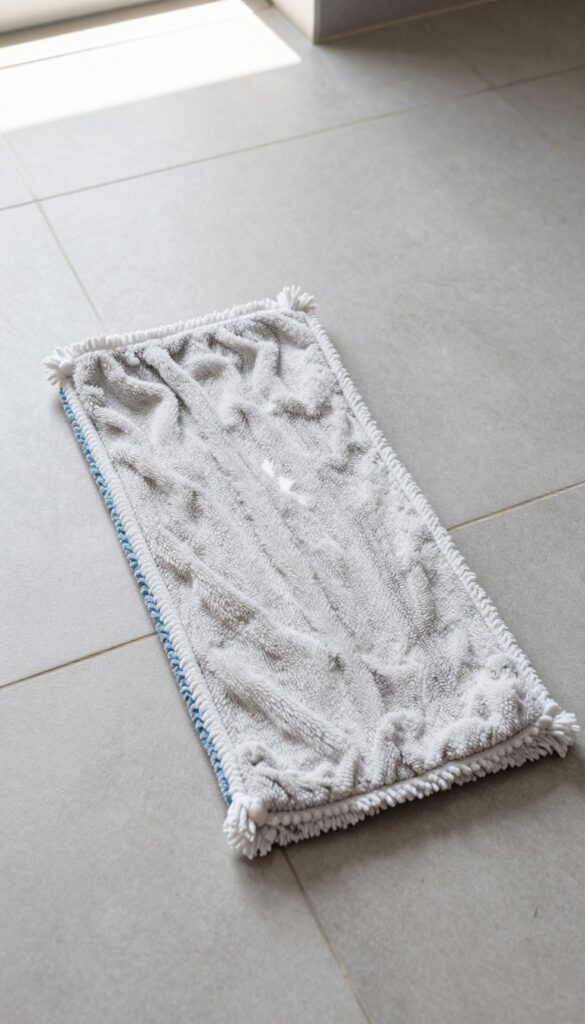Microfiber mop cleaning tile floor with clean grout lines