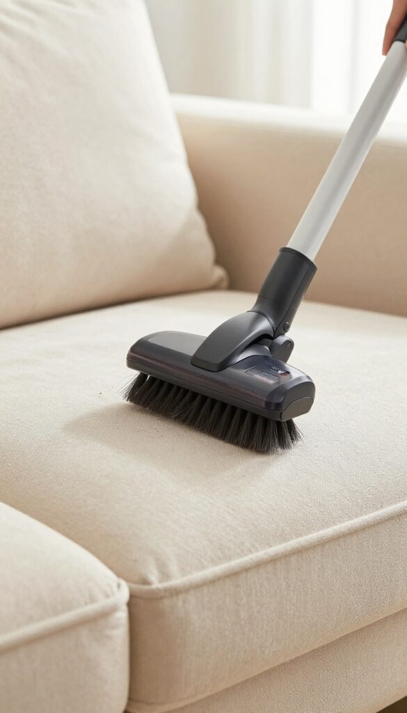 Vacuuming a fabric couch with an upholstery brush attachment in bright natural light