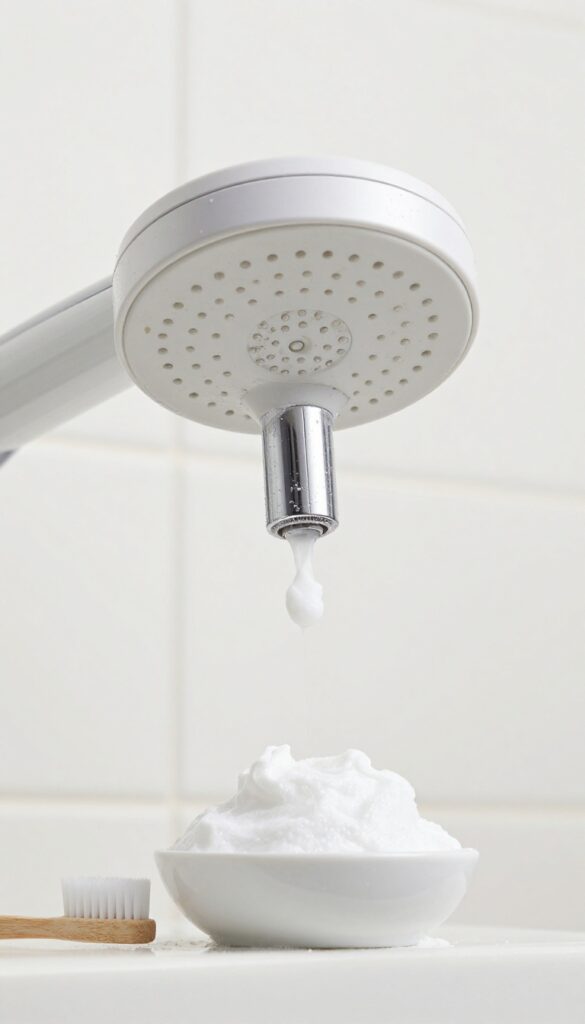 Close-up of a shower head with baking soda paste applied to mineral buildup, toothbrush nearby, bright natural light.
