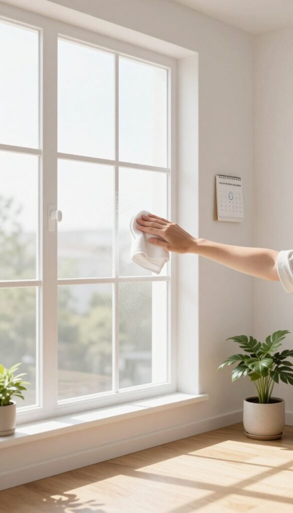 Person cleaning a window with a microfiber cloth in a sunlit room, calendar reminder visible