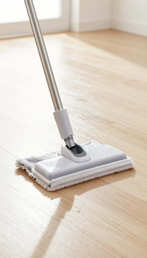 Spray mop on laminate floor with streak-free shine