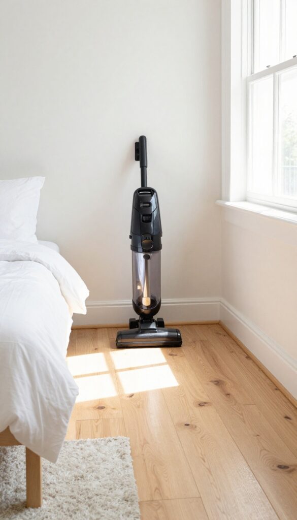 Clean bedroom with vacuumed hardwood floors and natural light