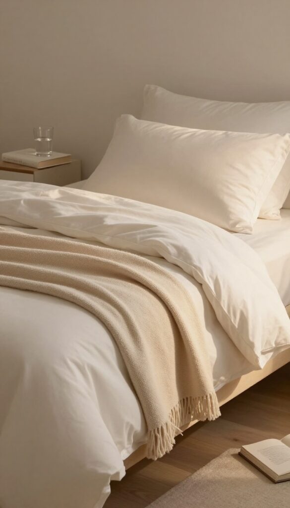 A calm bedroom with a neatly made bed, fluffy pillows, and a throw blanket, ready for bedtime.