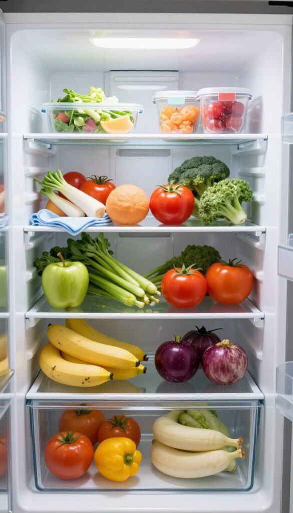 Clean and organized refrigerator interior with fresh produce and neatly arranged items, ready for weekly cleaning.