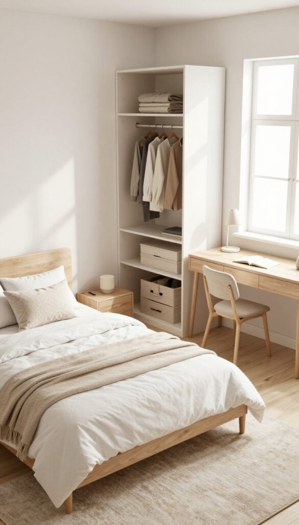 Clean bedroom divided into four zones: bed, desk, floor, and closet, with bright natural light.