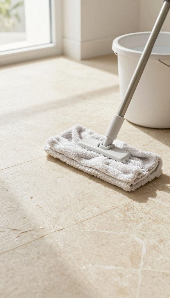 Mopping a natural stone floor with a microfiber mop and a bucket of pH-neutral dish soap solution.