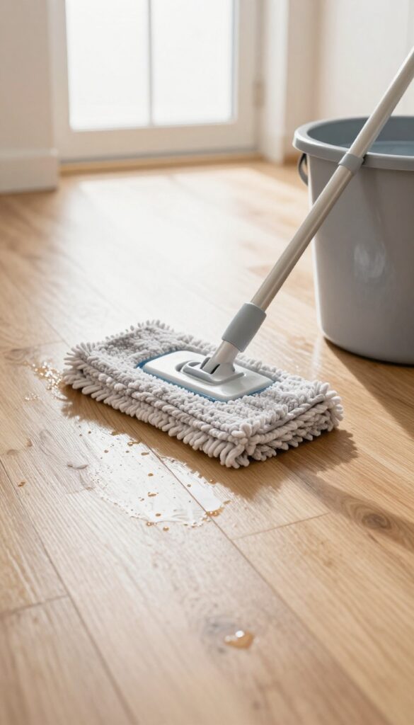 Mopping a wooden floor with hot water and a microfiber mop in bright natural light