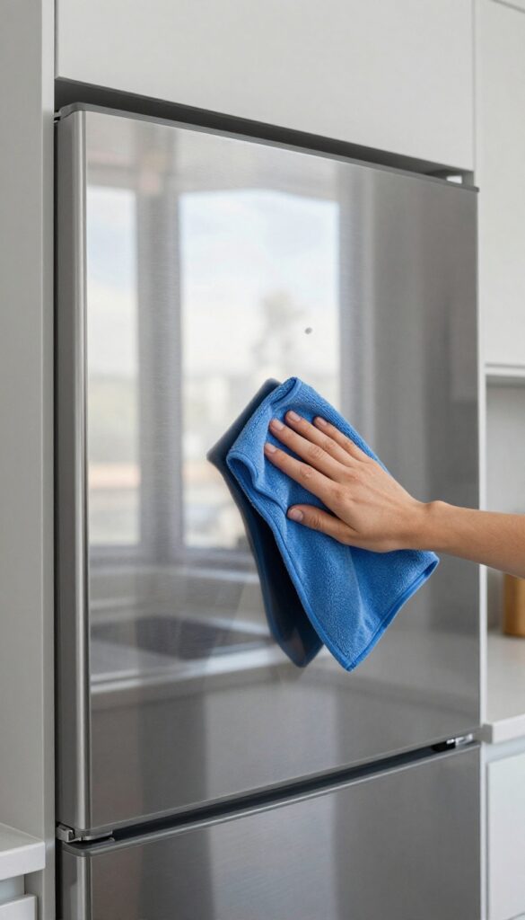 Hand buffing a stainless steel refrigerator with a microfiber cloth in a bright, clean kitchen