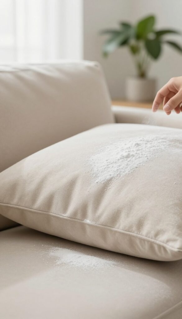 Hand sprinkling baking soda on a beige upholstered sofa cushion for deodorizing