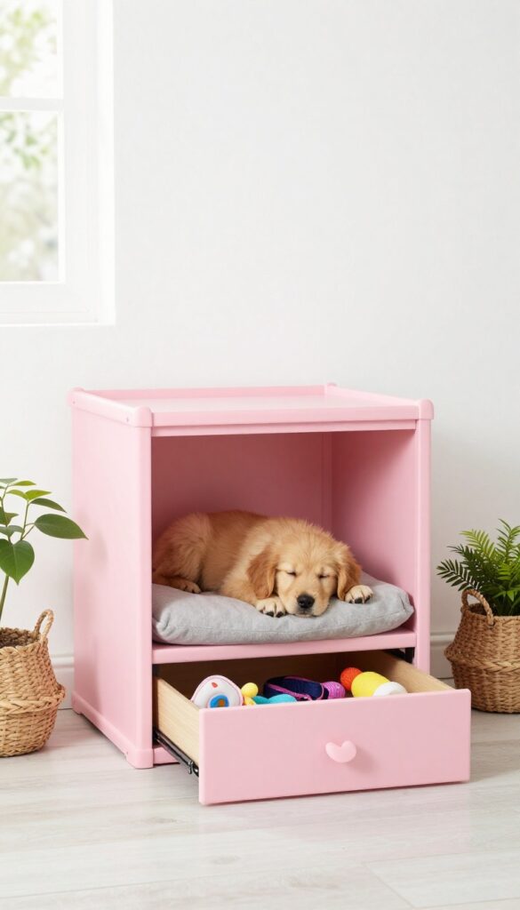 Pink dog crate with storage drawers and a sleeping puppy in a bright room