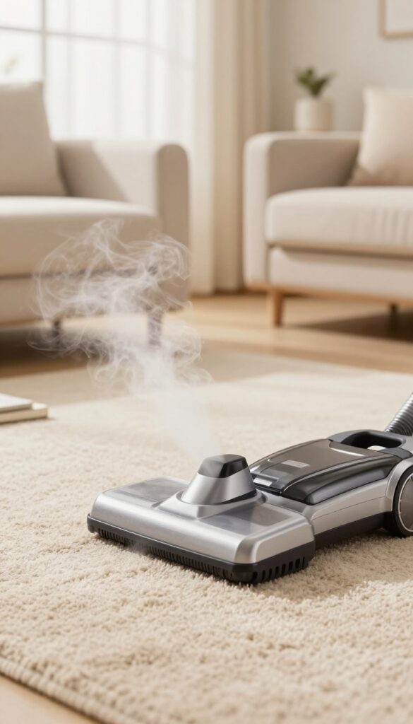 Steam cleaner with DIY vinegar solution cleaning a beige carpet in a bright living room