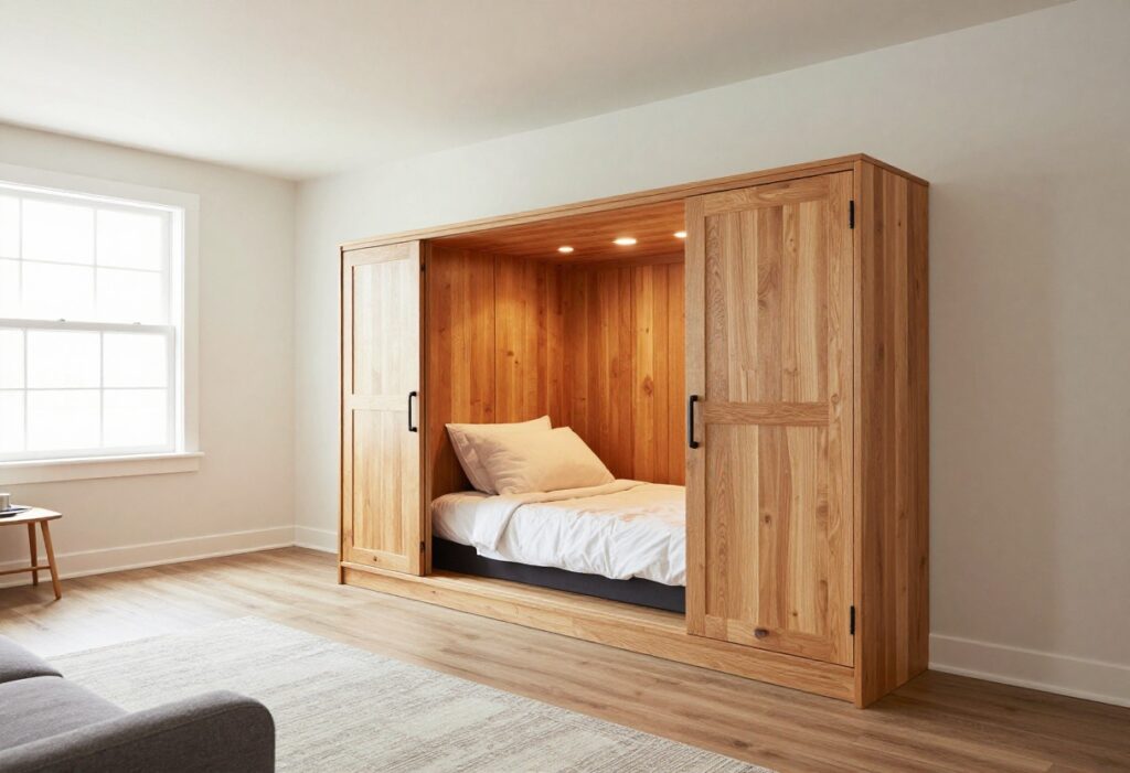 Finished basement with a built-in dog crate that looks like a cabinet, blending seamlessly into the wall.