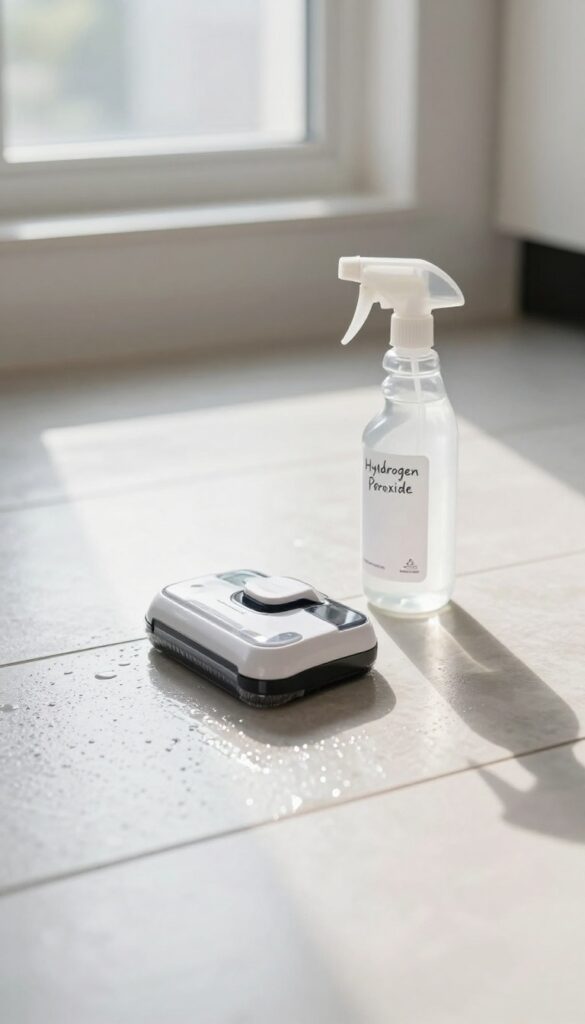 Tineco floor washer with hydrogen peroxide solution on clean tile floor