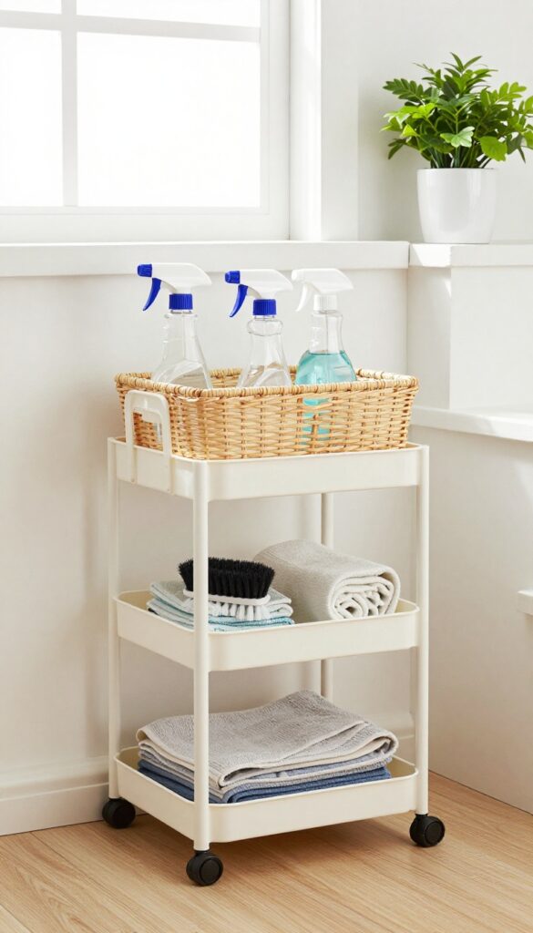 A cleaning caddy stocked with supplies on a staircase landing for easy access on each floor.