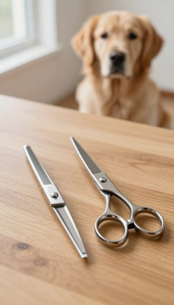 Sharp stainless steel grooming scissors for dog grooming, including straight and curved pairs, displayed on a wooden table with natural light and a dog in the background.