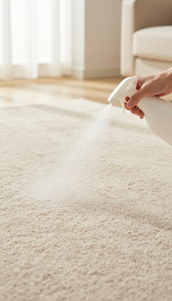 Hand spraying carpet protector on clean beige carpet in sunlit living room