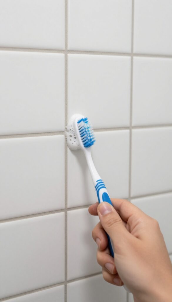 Hand scrubbing narrow grout lines in shower tile with a toothbrush