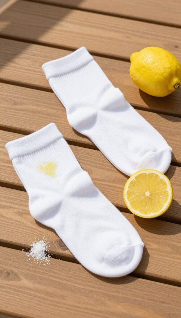 White socks with lemon juice and salt on a sunny deck for sun bleaching