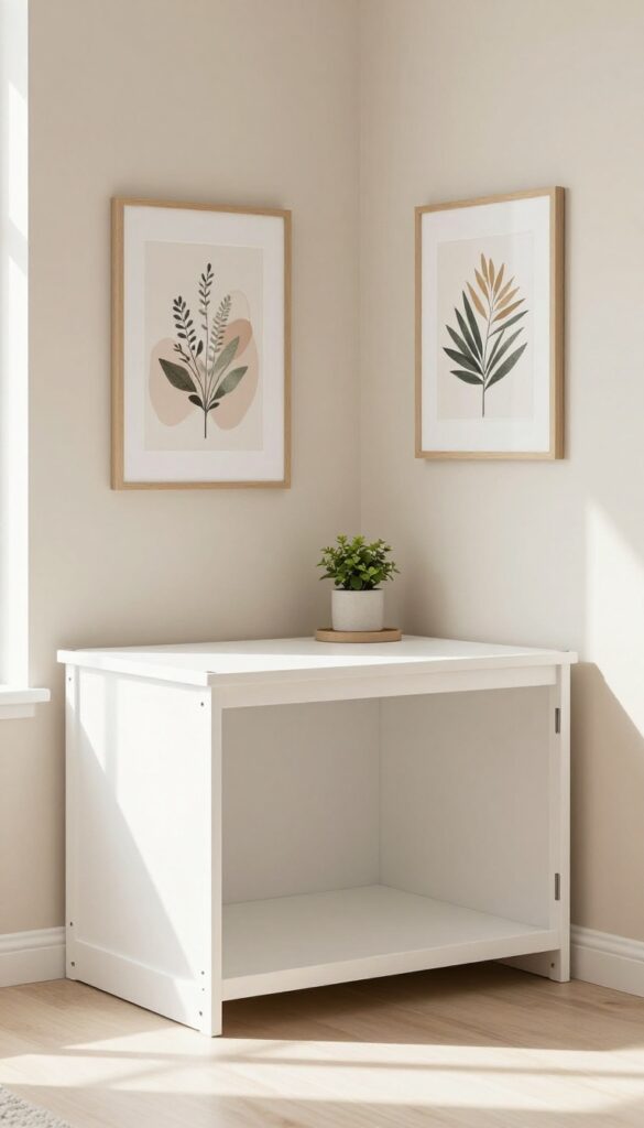 Dog crate incorporated into a gallery wall in a bright living room