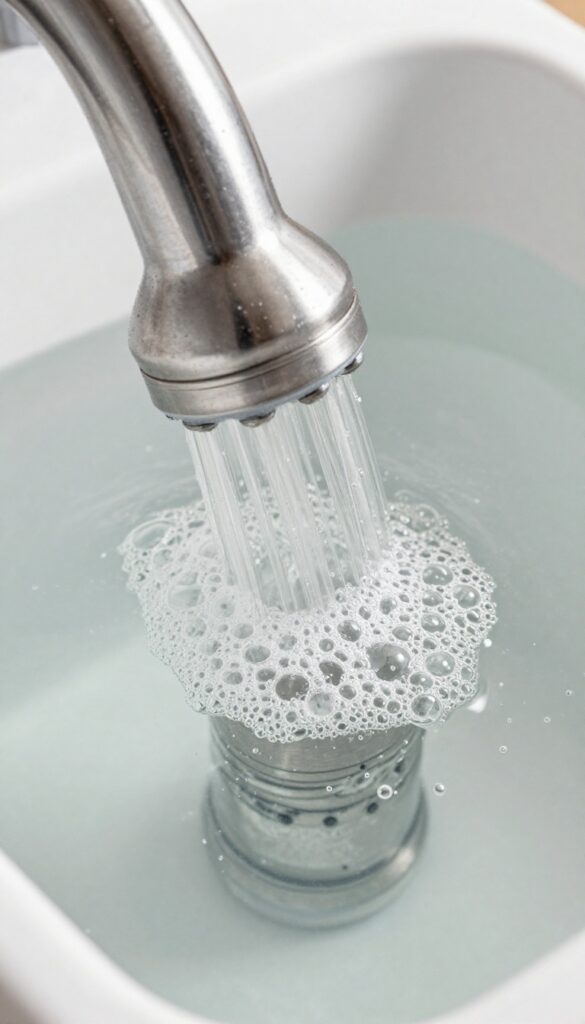 Shower head submerged in ultrasonic cleaner with bubbles for deep descaling