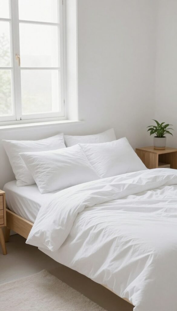 A neatly made bed in a bright, minimalist bedroom with natural light.