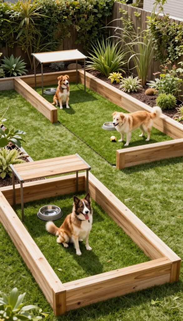 Multi-dog runs with separate zones divided by low fencing and garden beds, each with turf and shade