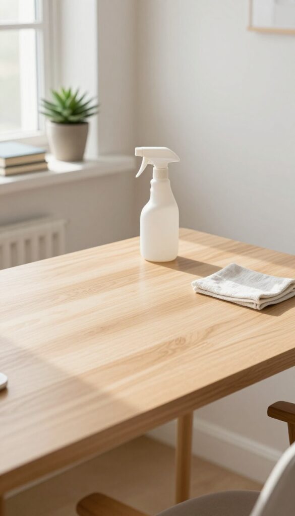 Clean empty desk with cleaning supplies, bright natural light, minimal home office