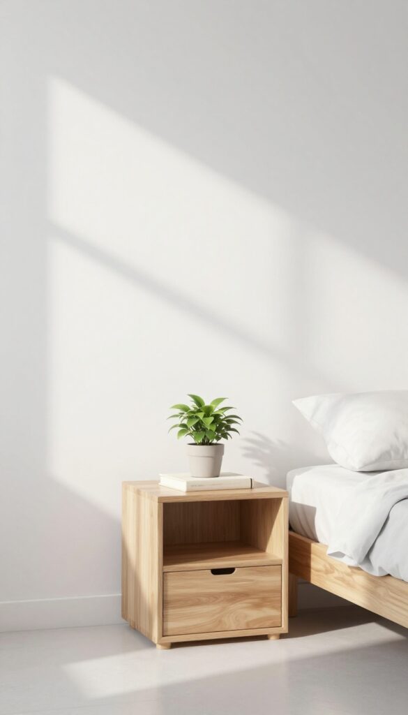 A clean, decluttered nightstand with only a plant and a book, in a bright bedroom.