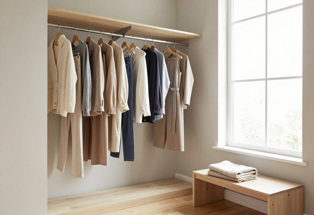 A clean, organized closet with clothes hanging neatly by color, natural light, and a cozy bench.