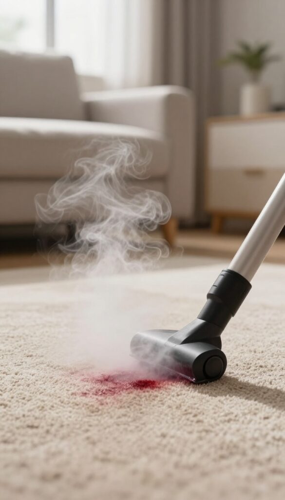 Steam cleaning a deep-set red wine stain on a beige carpet in a bright living room