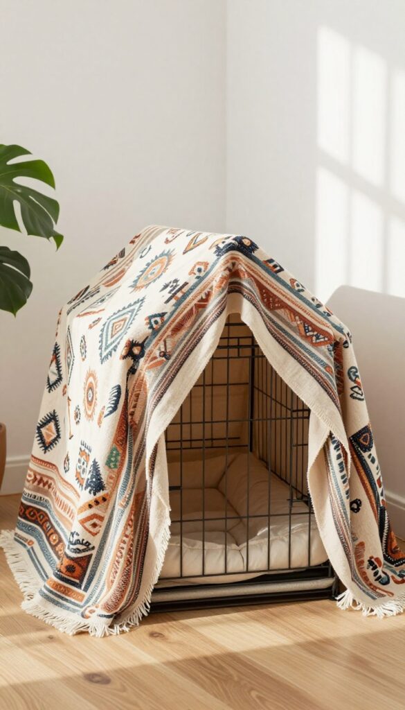 Dog crate covered with a decorative tapestry, bohemian style, bright natural light, photorealistic interior decor