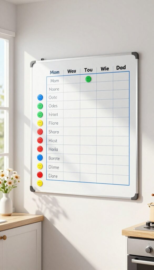 Color-coded chore chart on a whiteboard in a bright kitchen with colored magnets for each family member.