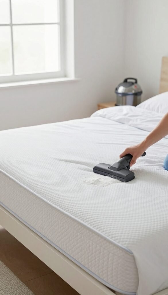A person deep cleaning a mattress by sprinkling baking soda on it, with fresh bedding and a vacuum cleaner nearby in a bright bedroom.