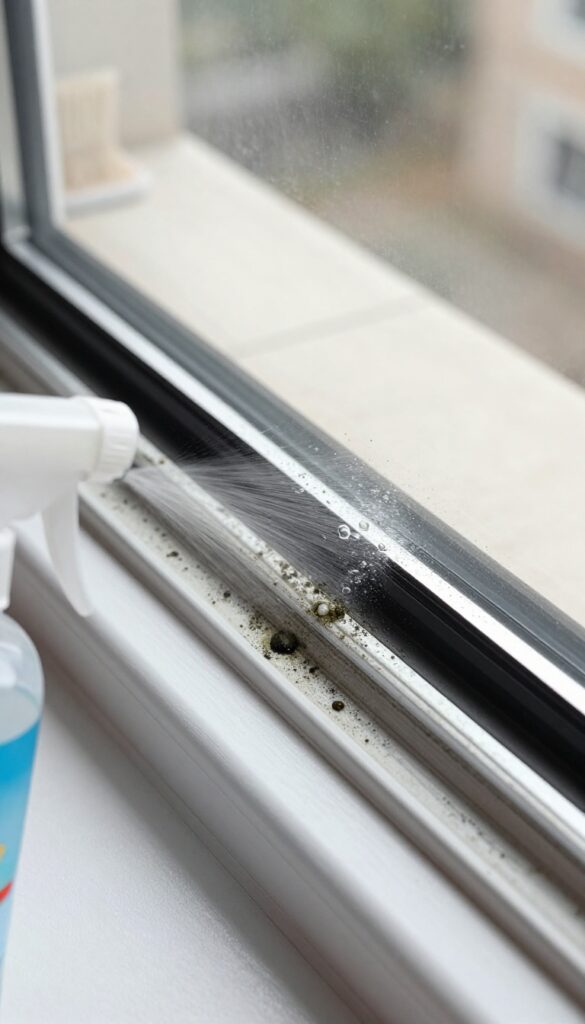 Hydrogen peroxide being applied to moldy window track, with bubbles and sunlight