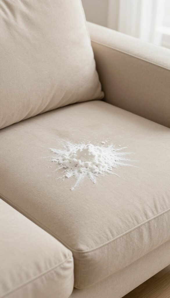 Applying cornstarch to a grease stain on a beige microfiber couch cushion