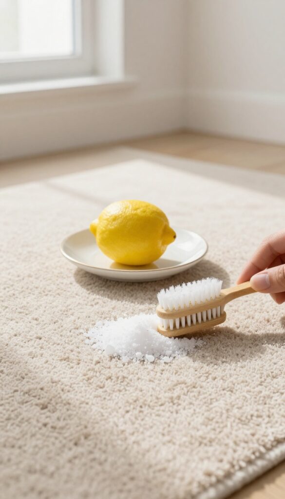 Hand applying lemon juice and salt paste on a dull carpet with a toothbrush, natural light