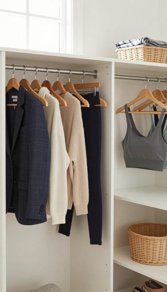 Organized closet with clothing grouped by category on matching hangers, bright natural light, clean and calming.