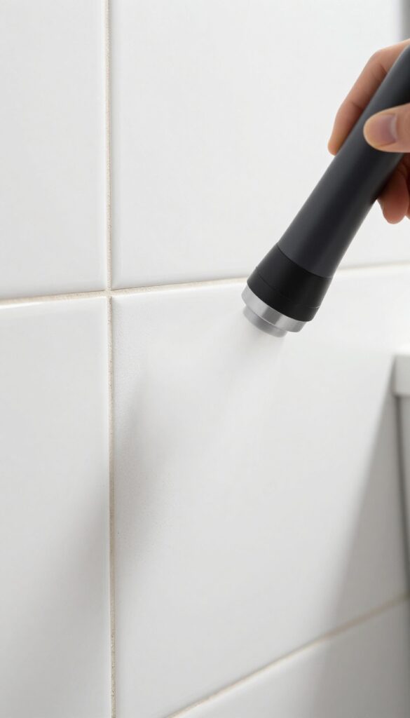 Steam cleaning grout with a handheld steam cleaner on white tiles