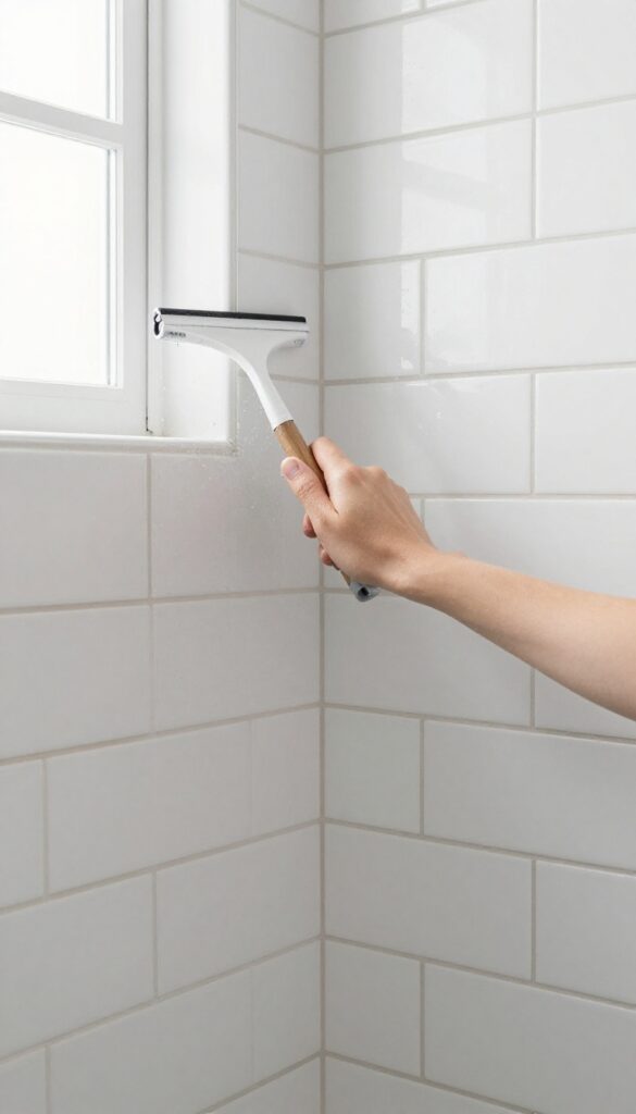 Hand squeegeeing shower tiles to prevent grout buildup