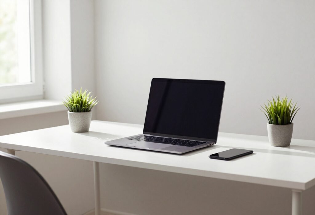 A clean and organized desk with a laptop, plant, and stationery in soft natural light.