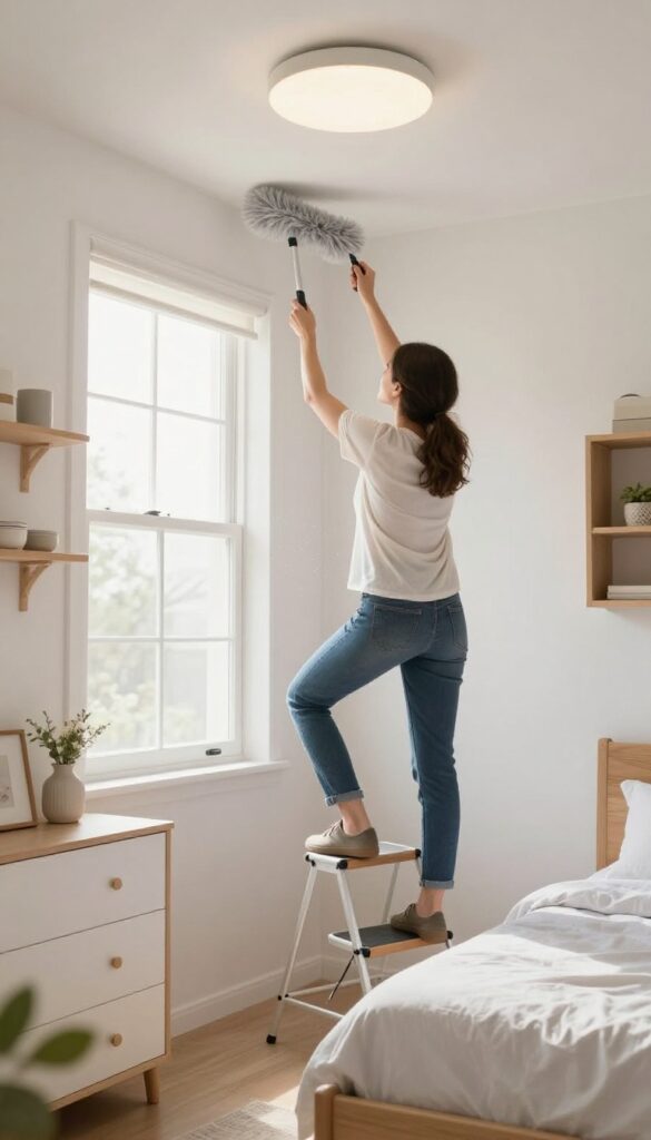 Person dusting ceiling corners with an extendable duster in a bright, organized bedroom