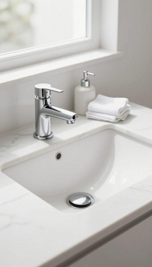 Clean bathroom sink with microfiber cloth and soap dispenser