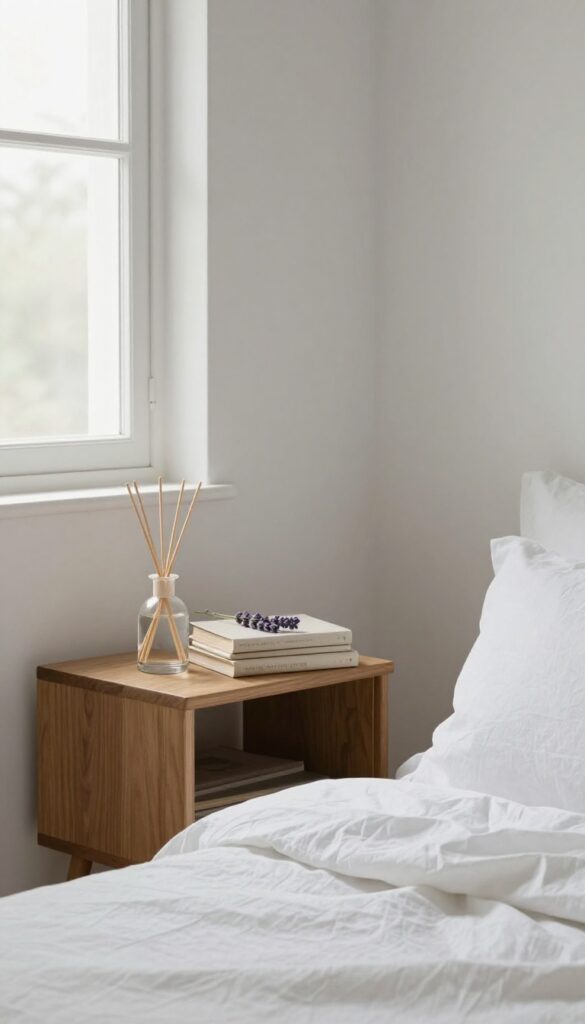 Minimalist bedroom with lavender diffuser on nightstand, serene and clean aesthetic