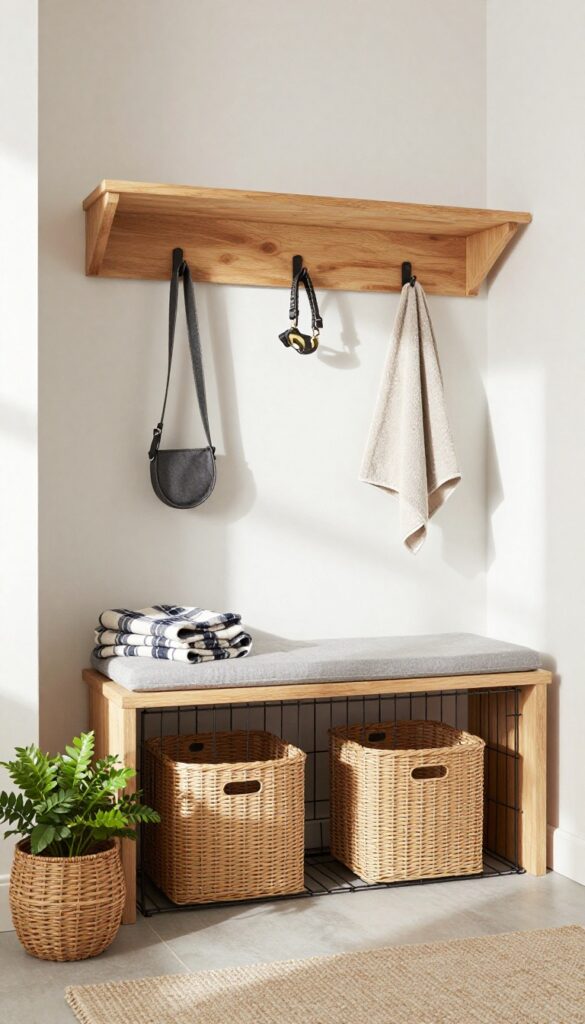 Mudroom crate station with bench above crate, hooks for leashes, and storage bins for shoes and pet supplies.