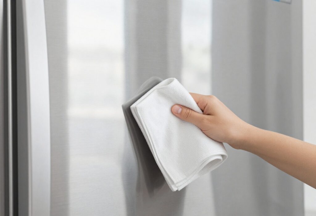 Streak-free stainless steel refrigerator being polished with a microfiber cloth