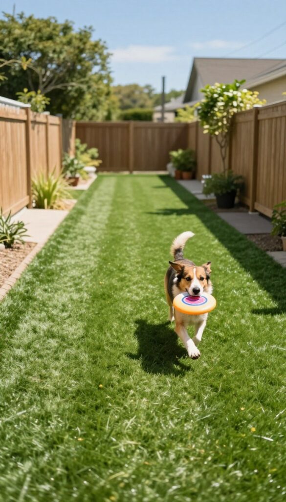 Dog running on a long artificial turf fetch lane in a sunny backyard
