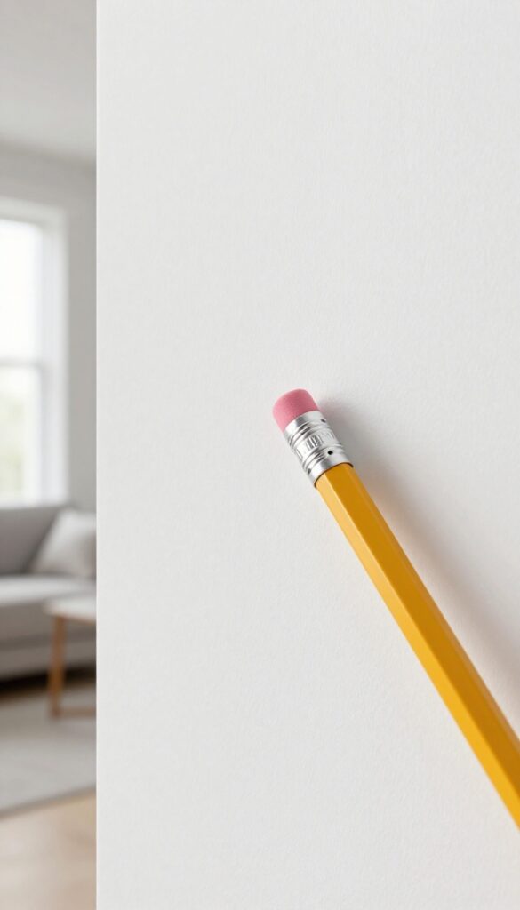 Close-up of a pencil eraser removing a scuff mark from a clean white wall in bright natural light